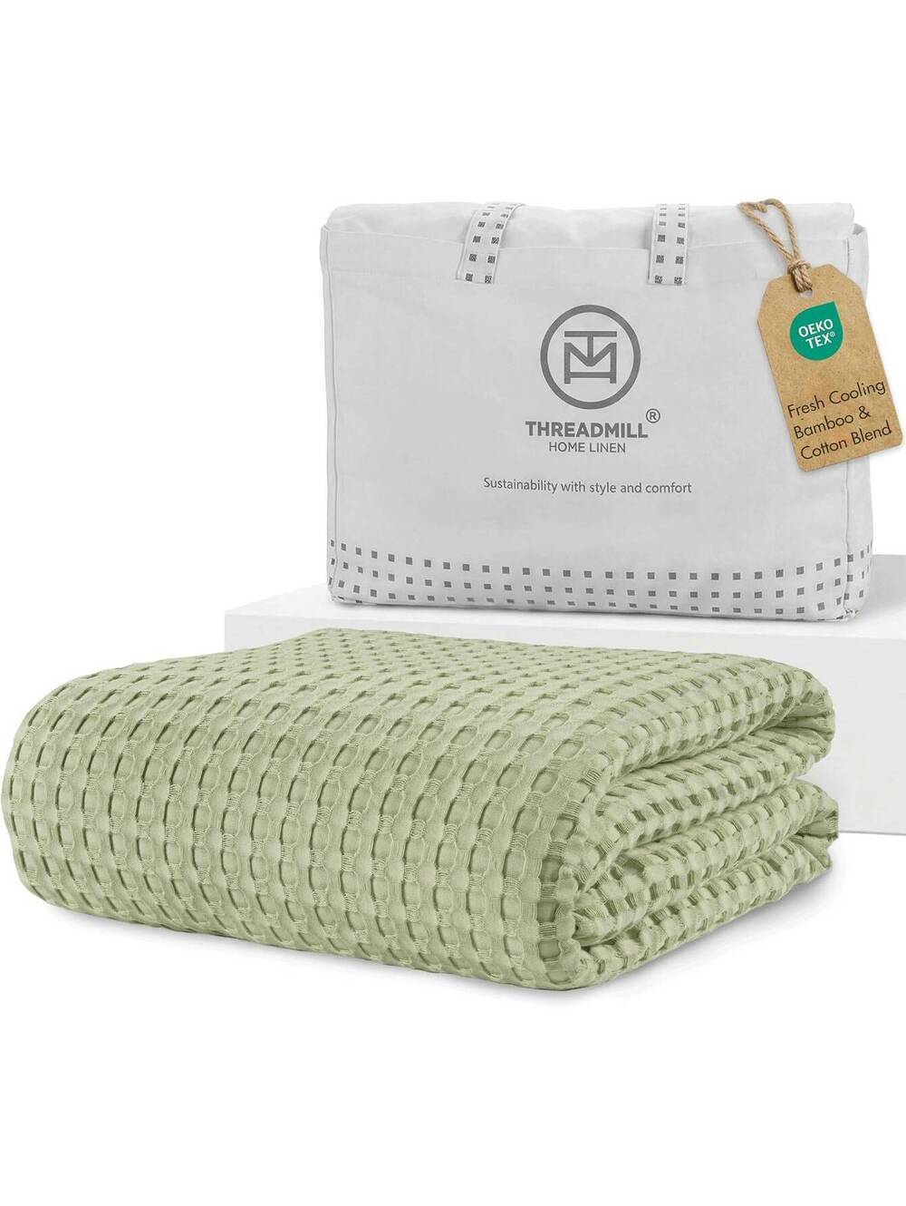 Threadmill King Waffle Bamboo Blanket Sage Green, Rayon 106x92 Lightweight